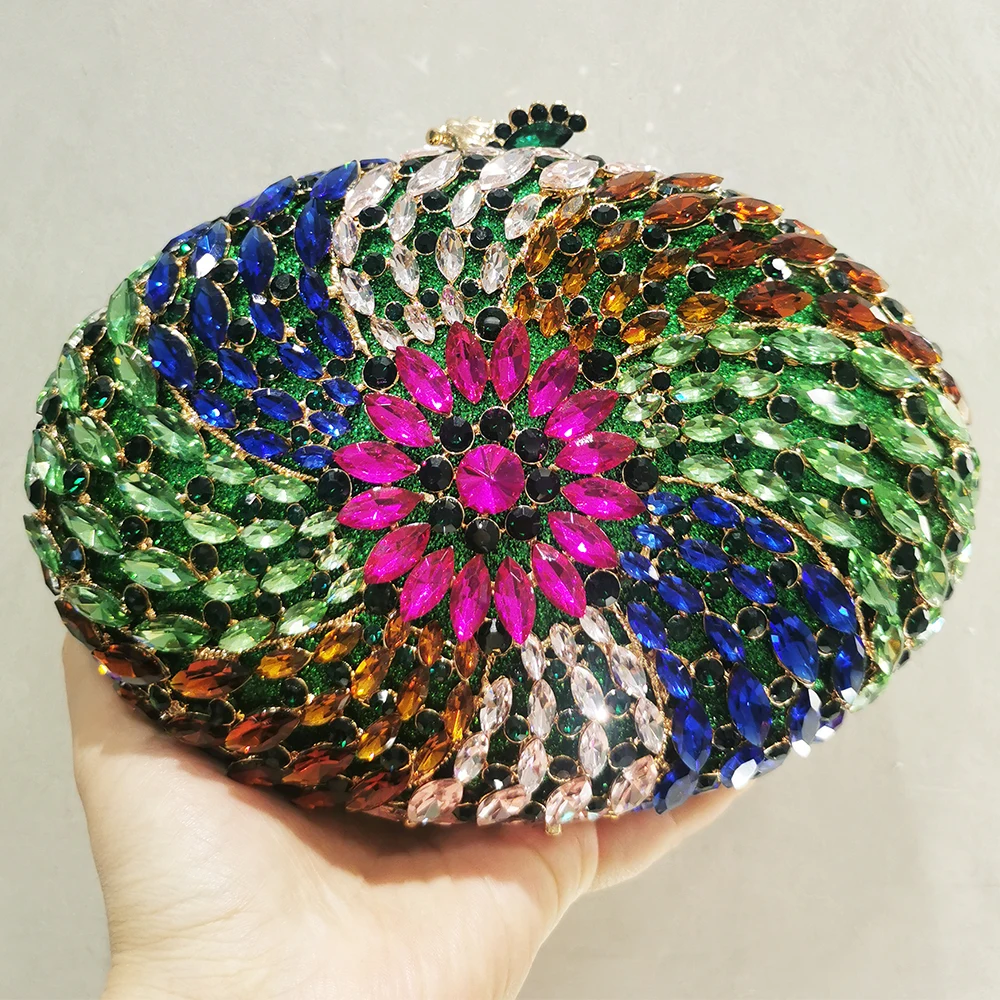 Oval Shape Rhinestone Crystal Clutch Purse - Green/Blue/Fuchsia Women's Evening Shoulder Handbag for Wedding And Banquet