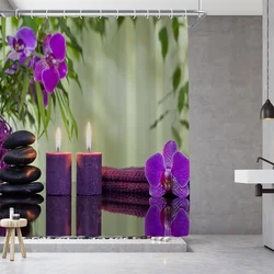 1PC, purple flower fragrance candle, modern home bathroom waterproof shower curtain, 12 plastic hooks, 71in*71in