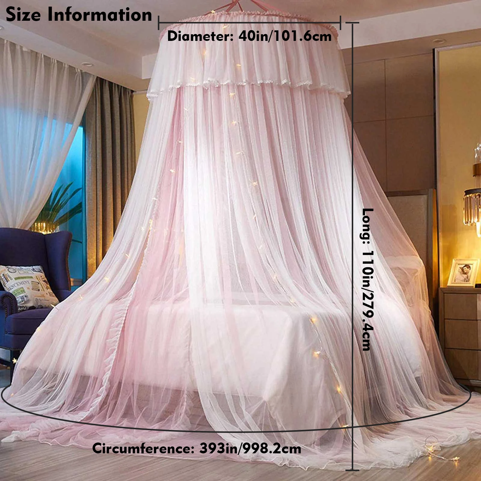 Princess Bed Canopy for Girls Bed Canopy Curtain Double Layer Sheer Mesh Dome Bed Curtain Round Lace Princess Mosquito Net Tent