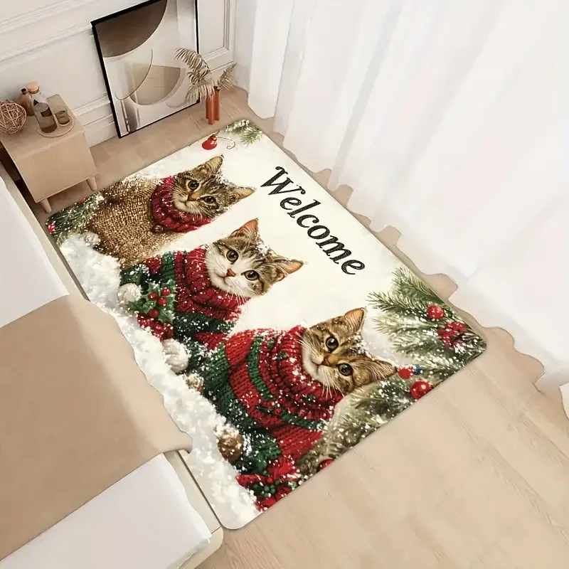 VIKAMA 3-katten kerst antislip deurmat - polyester PVC achterkant wasbaar tapijt, feestelijke woondecoratie in meerdere kamers