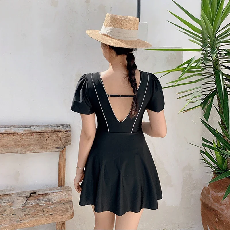 2024 V Neck Skirt Style One Piece Swimsuit Women Flat Angle Thin Belly Fresh High Collar Short Sleeve Student Hot Spring Suit