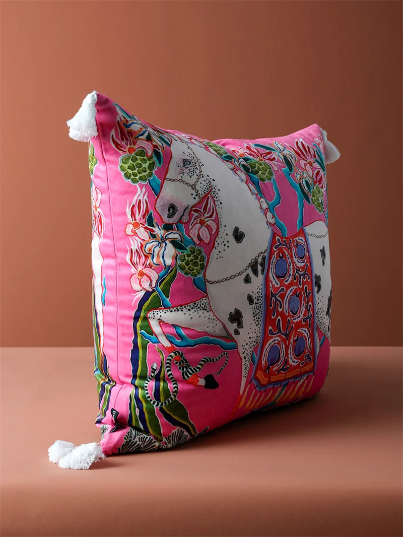 Chinoiserie Zebra With Asian Peonies Cushion Cover Luxury Mystical Animals Decorative Pillowcase With Tassels Cute Soft Velvet