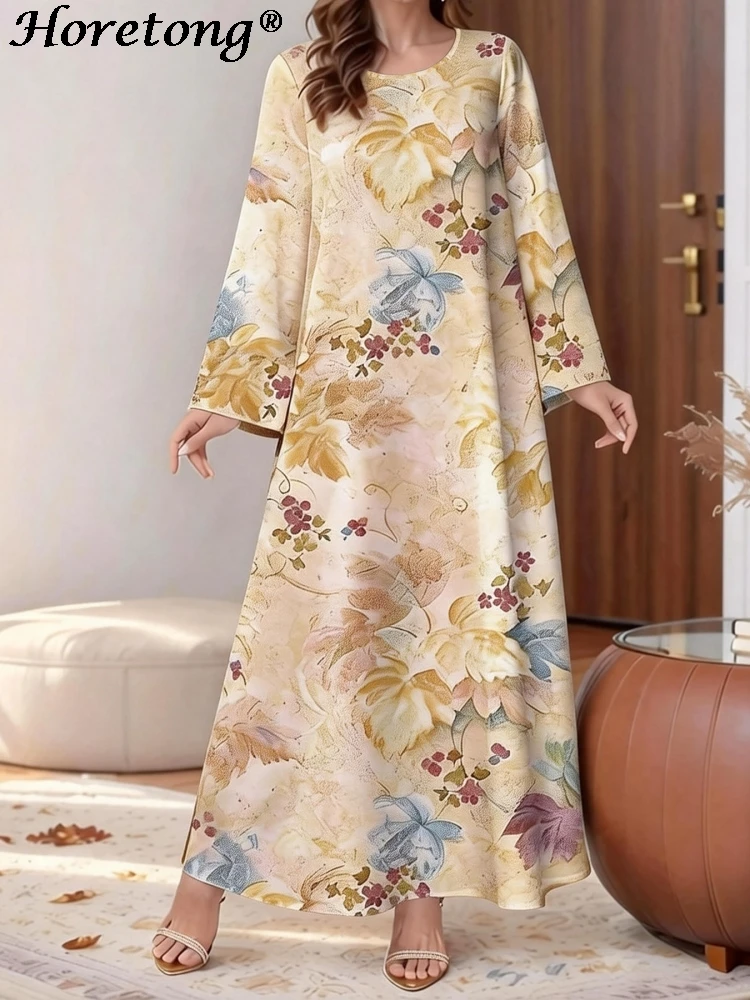 

Horetong Spring Summer Muslim Abaya Women Dress Floral Print Round Neck Long Sleeve Loose A-Line Modest Islamic Maxi Dresses