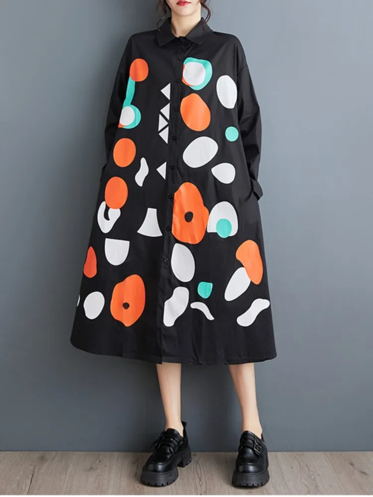 Oversized Autumn Dress Women Polka Dot Print Fashion Long Sleeve Ladies Dresses Casual Loose Pleated A-Line Woman Shirt Dress