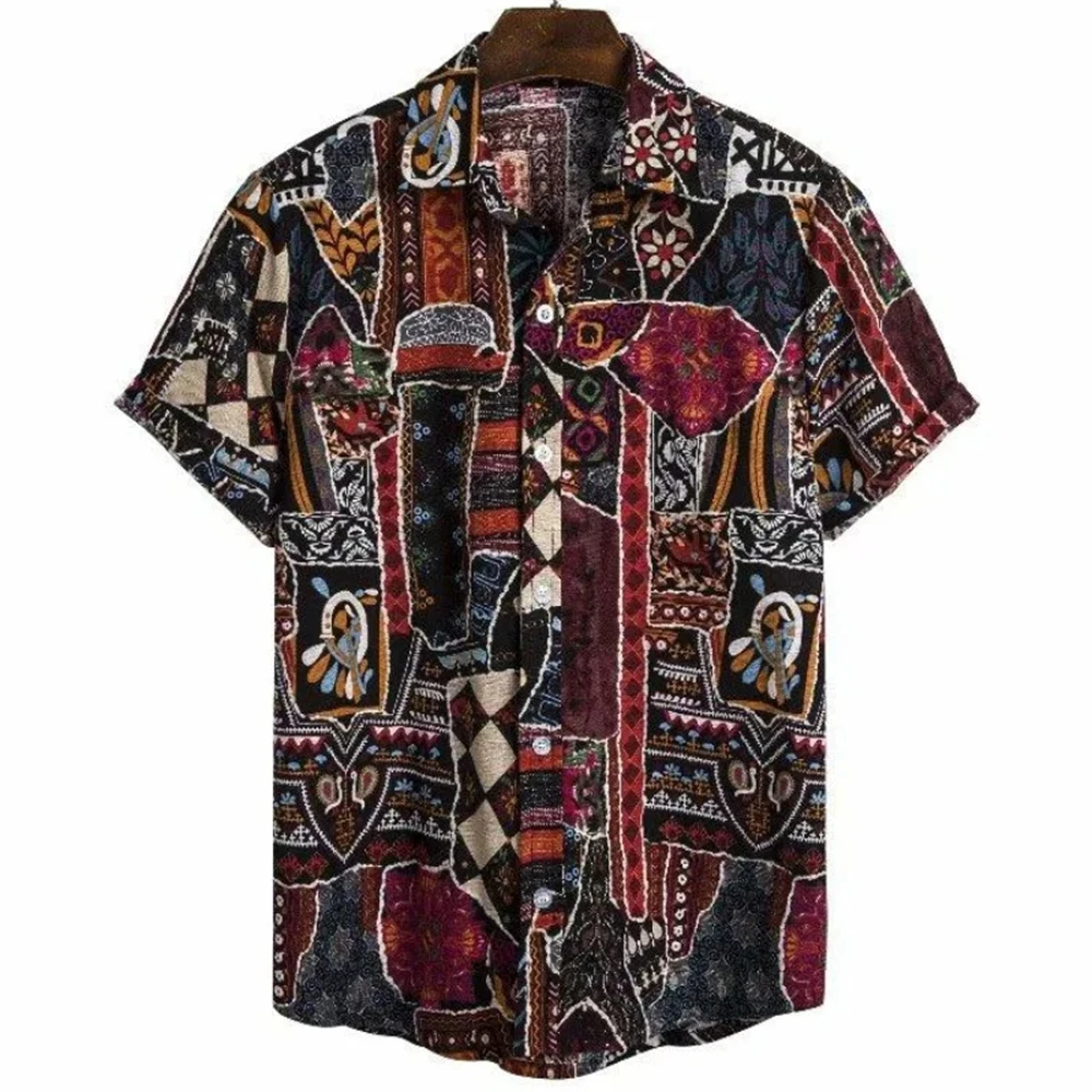 Vintage Bohemian Tribal Abstract Pattern Shirt, Niche Personality, Slimming Men's Short Sleeved Top