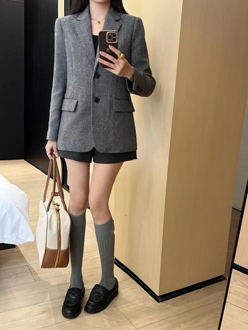 Elegant Single Breasted Grey Woolen Blazer Coated Women's New Autumn and Winter Internet Celebrity Korean Version Suit Jacket