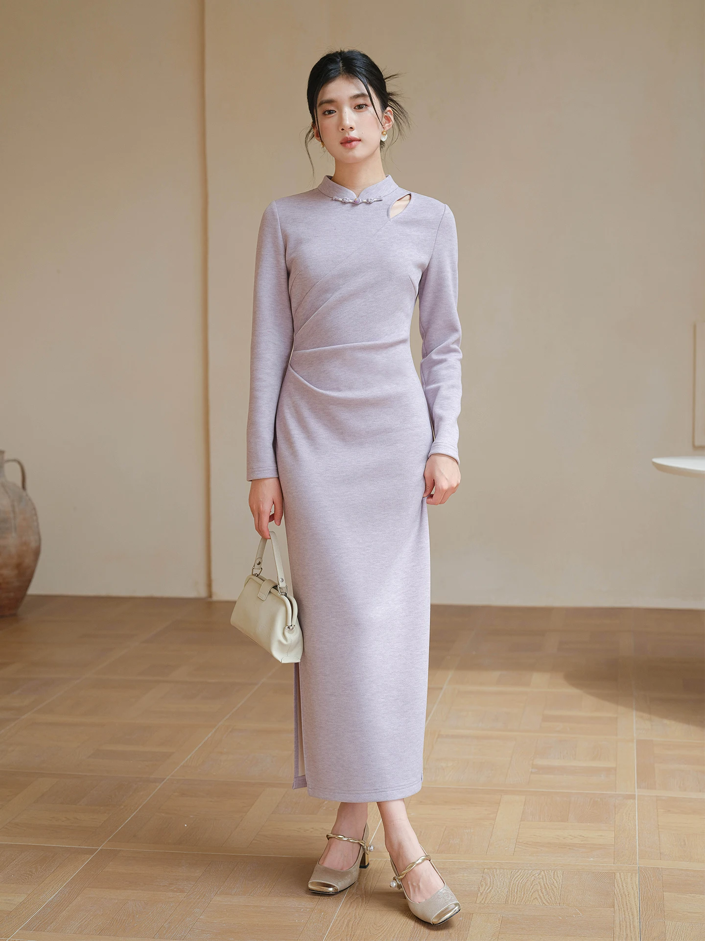 

Фиолетовое вязаное облегающее длинное платье-ципао с вырезами, женская модная повседневная одежда для осени и зимы, полиэстер, вискоза