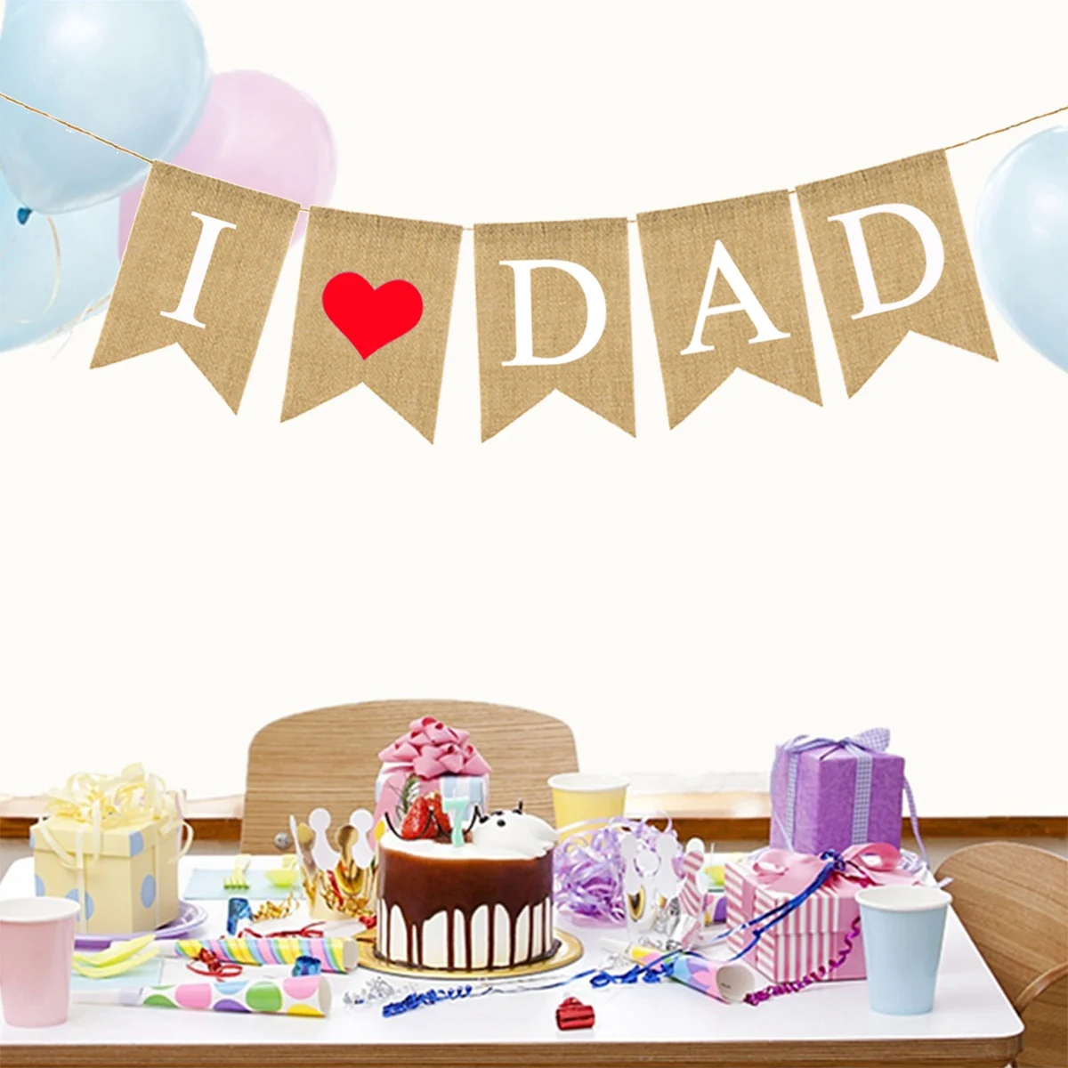 Vaderdagdecoratie Rood hartontwerp I DAD Letters Bunting Vaderdag Bunting Linnen Hangende feestmuur