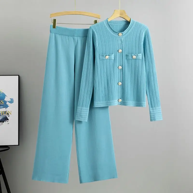 

Модный костюм для дома, женский корейский вариант, вязаный кардиган, куртка, комплект из двух предметов, прямые широкие брюки, тренд High Street