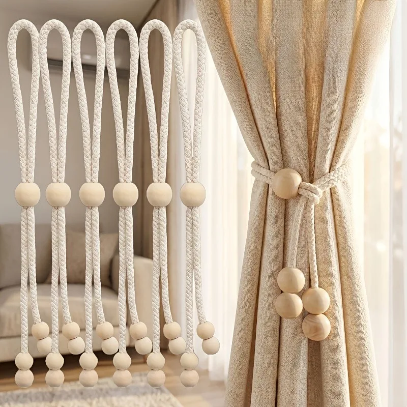 2 PCS Wooden Bead Curtain Straps - Adjustable tightness Home Curtain Accessories - Suitable for Living Room, Bedroom, Office