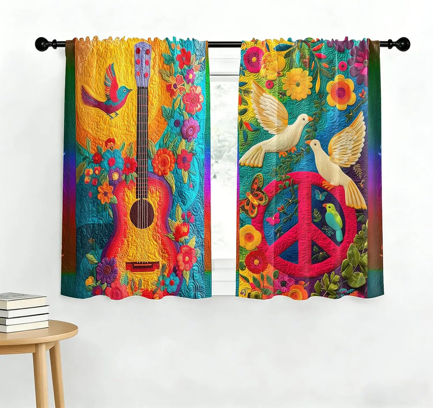 Boho Tropical Floral Curtains 2 Panel Window Pair Living Room Bohemian Art Peace Music Decor Curtains Set