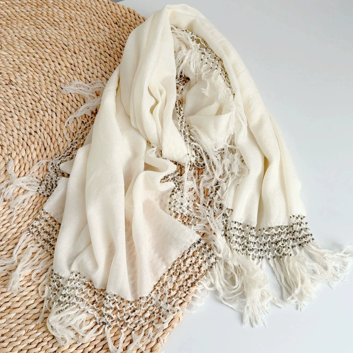 

Off-white Wool Beaded Ethnic Style Scarf Handcrafted Plant-dyed Women's Warm Shawl Stole 90*185cm