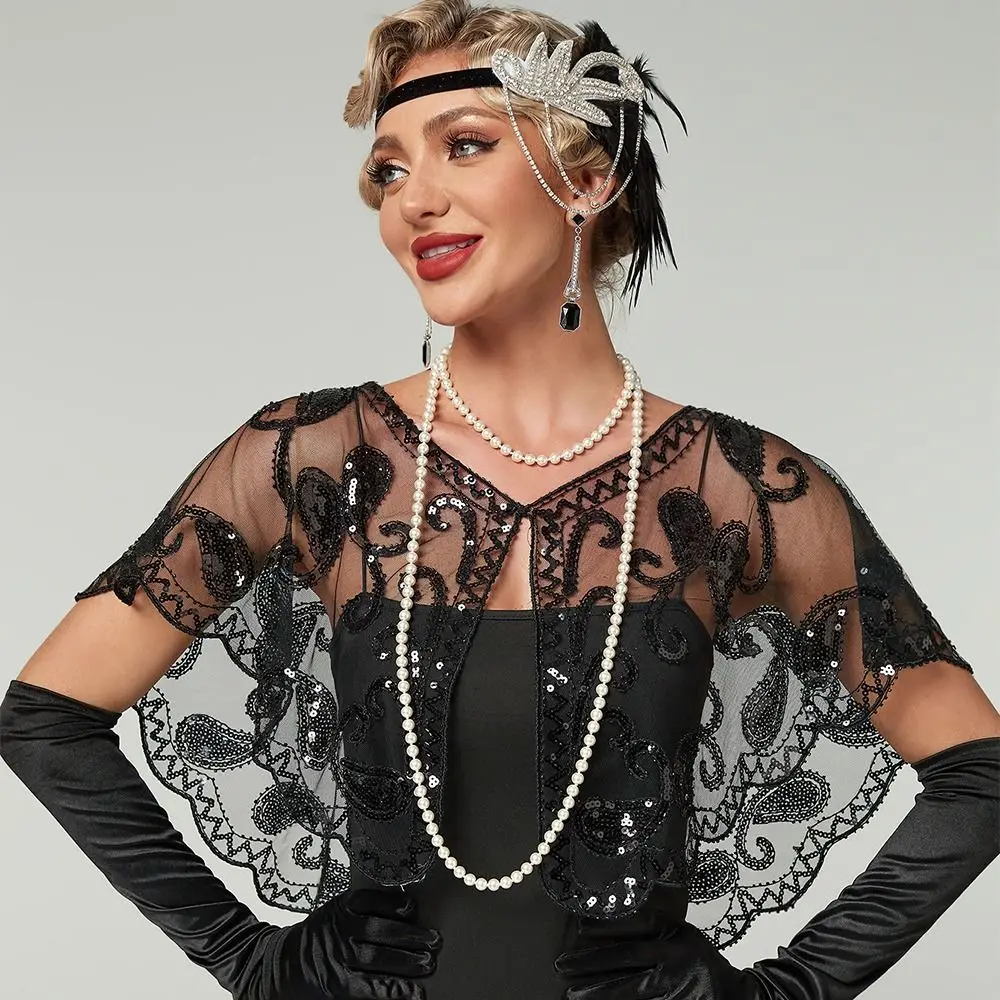 

Ретро-пончо с пайетками, вышивкой и бисером, короткая накидка в стиле 1920-х годов, разноцветная, в стиле флеппер, шаль