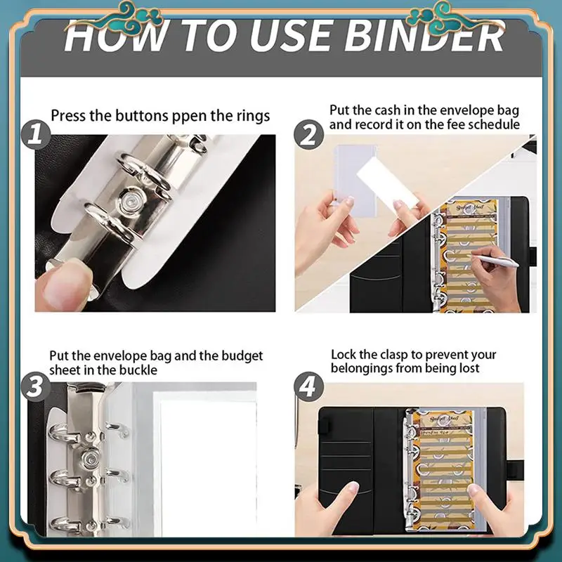 (신규)-A6 예산 바인더, 지퍼 봉투, 계산기 및 카드 포함, 현금 충전 봉투 바인더용 PU 돈 절약 주최자
