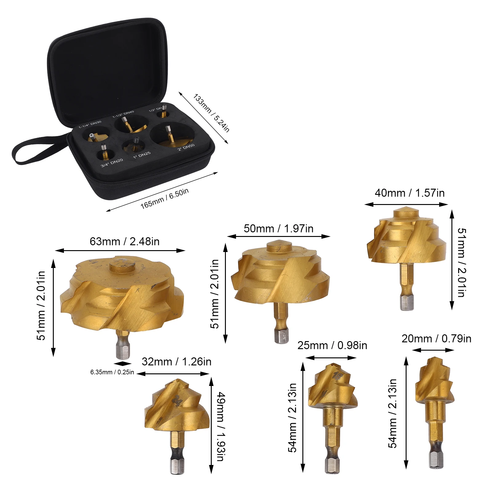 Jeu de forets étagés de levage en PPR, 6 pièces, 20 25 32 40 50 63mm 1/4 pouces, tige hexagonale Portable, foret d'expansion pour tuyau d'eau en spirale