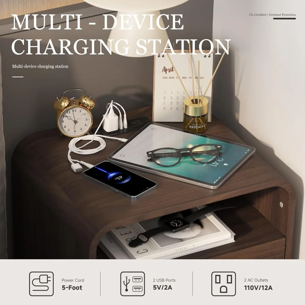 منضدة حديثة من منتصف القرن مع قاعدة شحن، وطاولة بجانب السرير مع درجين وأرفف مفتوحة، وطاولة جانبية وطاولة نهائية