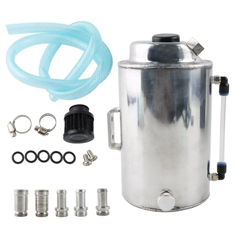 A20K-Aluminum Oil Catch Tank 2L Set With Breather Filter, Polished Round Oil Separator Can 2 Port Car Engine Oil Drainage Tank