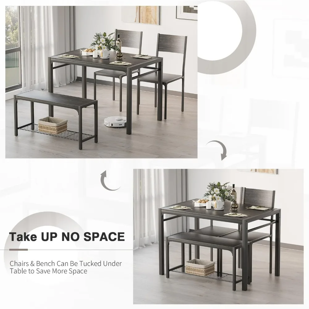 Dining Table Set.Kitchen Table and 2 Chairs for 4 with Bench, 4 Piece Dining Sets for Small Space,Grey 43.3 x 27.5 x 29.5 inches