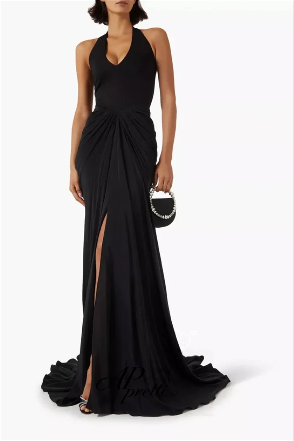 AP pretti Elegant Black Halter V‑Neck Evening Gown Dress Pleat Mermaid High Slit Sleeveless Party Dress Customized Prom Gown
