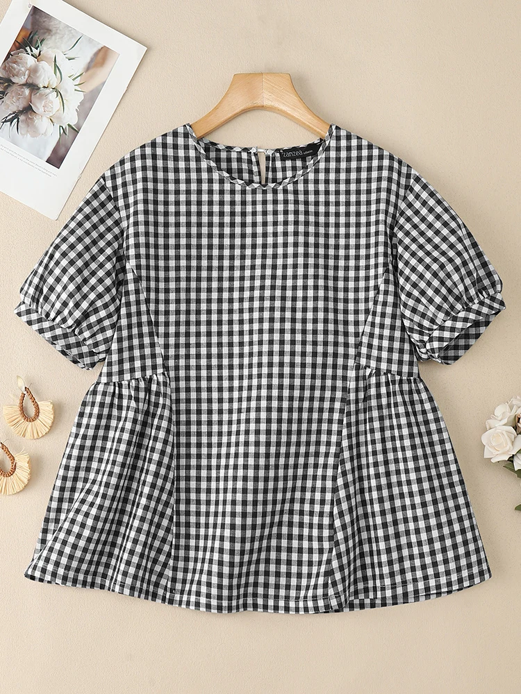 

ZANZEA, летняя клетчатая блузка в клетку, женские топы, повседневная свободная рубашка с круглым вырезом, блузка с короткими рукавами, плиссированная женская рабочая блузка
