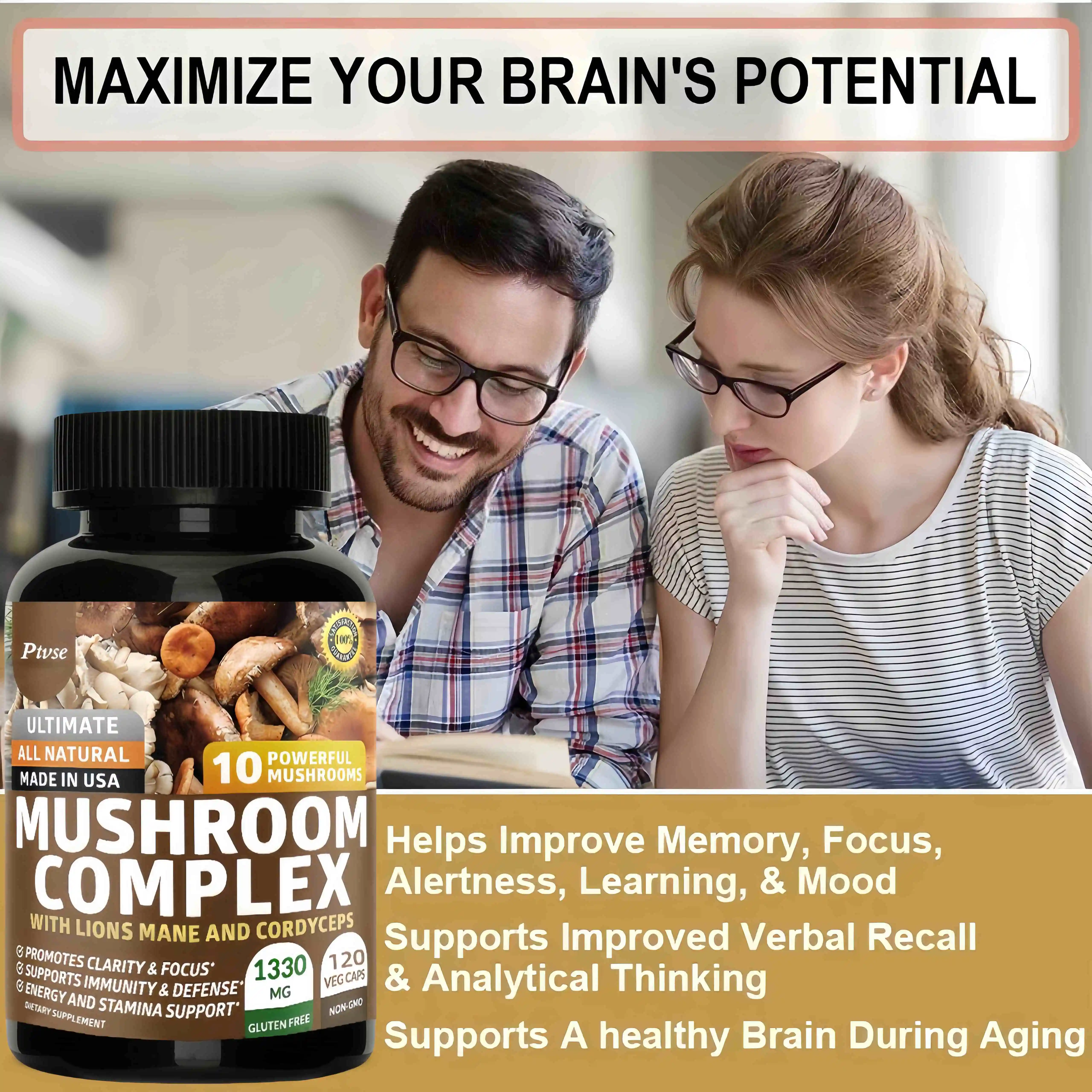 Original Mushroom Complex Capsules with Lions Mane Chaga Cognitive Brain Function Stress Relieves Beauty Health Diet Supplement