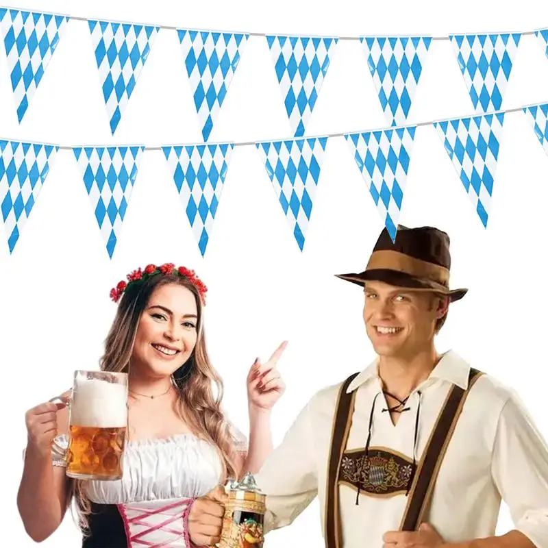 Estandartes plásticos treliçadas para cervejas de bar, decorações temáticas da Oktoberfest, bandeira bávara, azul e branco, 10 m