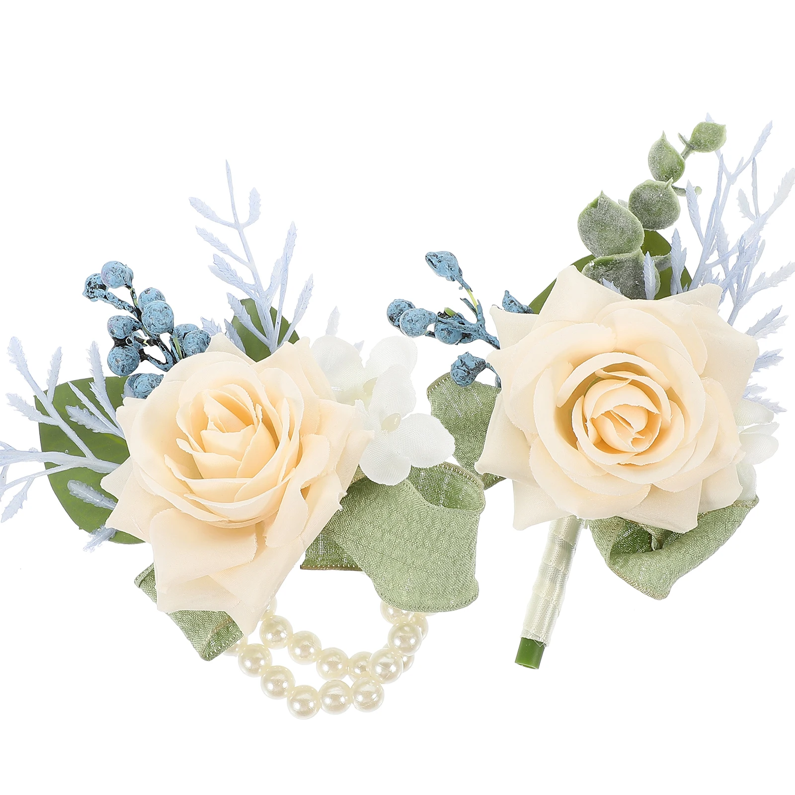 

1 set Artificial Corsage Boutonniere Corsage Wristband Set Beige Wedding Bridal Hand Flower Wristlet