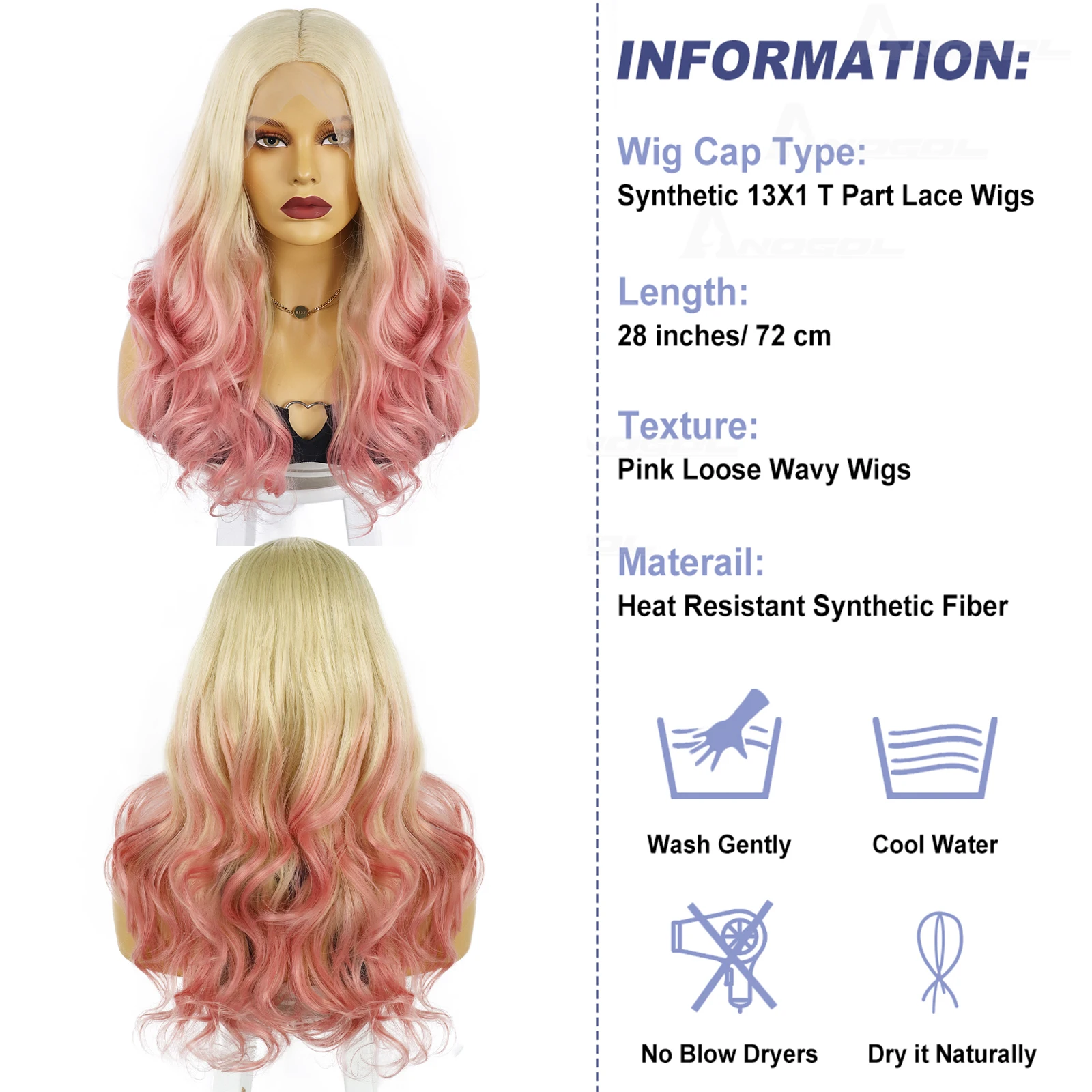 ANOGOL Synthetic 20IN Pink Blonde Lace Wig Ombre peachpuff Blonde Water Wave Lace Wig for Women Kda Ahri Cosplay Halloween Party