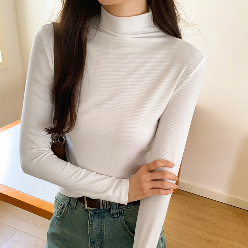 

Basic Long Sleeve Tshirts Women Clothing Korean Style Tops Elastic T Shirt Slim Solid Turtleneck Casual Skinny Tee Shirt Femme