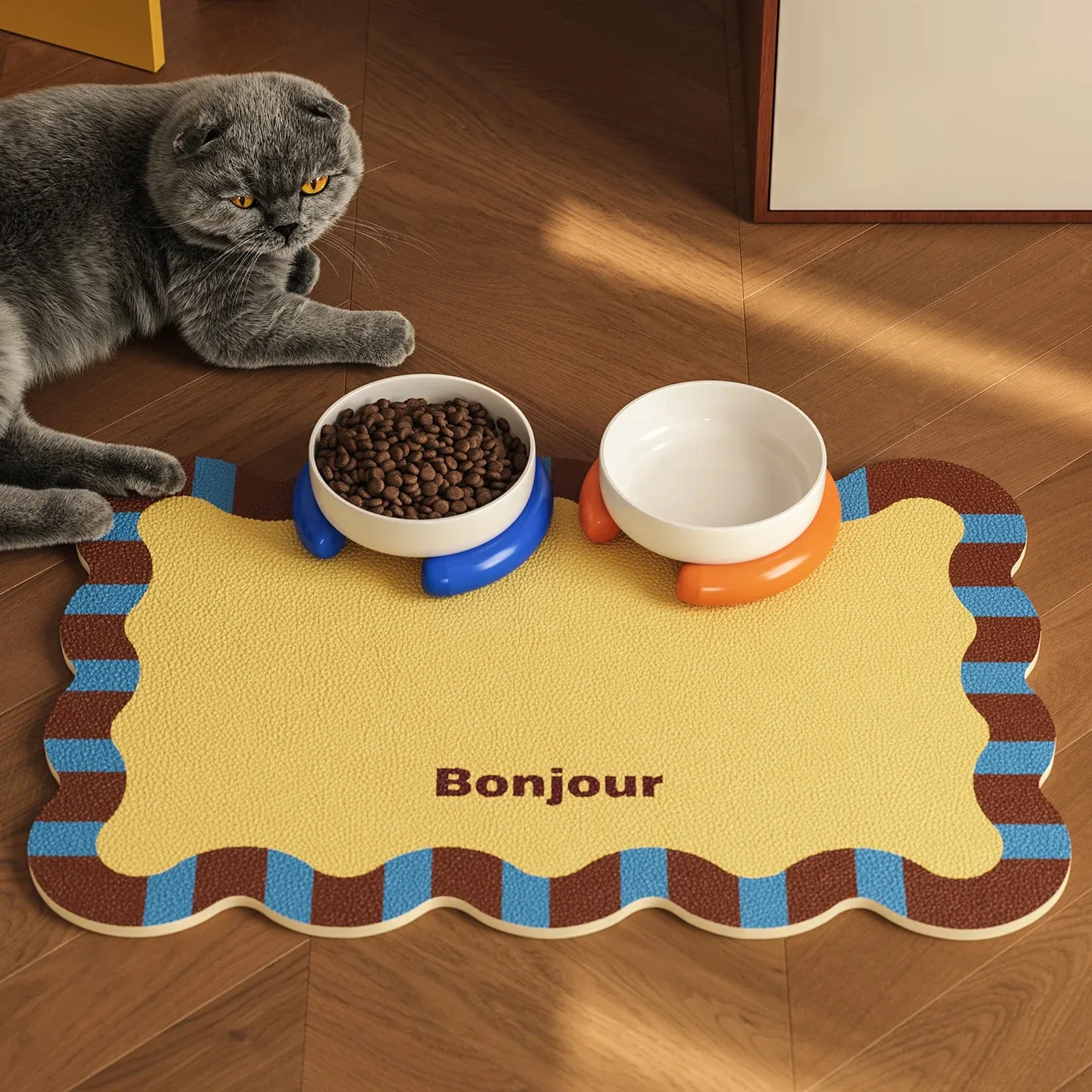 Waterproof Oilproof Pet Feeding Mat Colorblock Striped Cat Dog Food Bowl Placemat Non-Slip Table Mat Easy Clean Pet Supplies