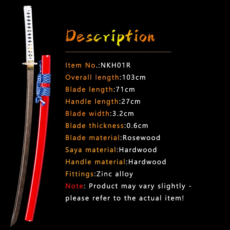 Wooden Katana Training Sword Rosewood Blade Hardwood Saya, Ornamental Collectible Display Home Decor Sword