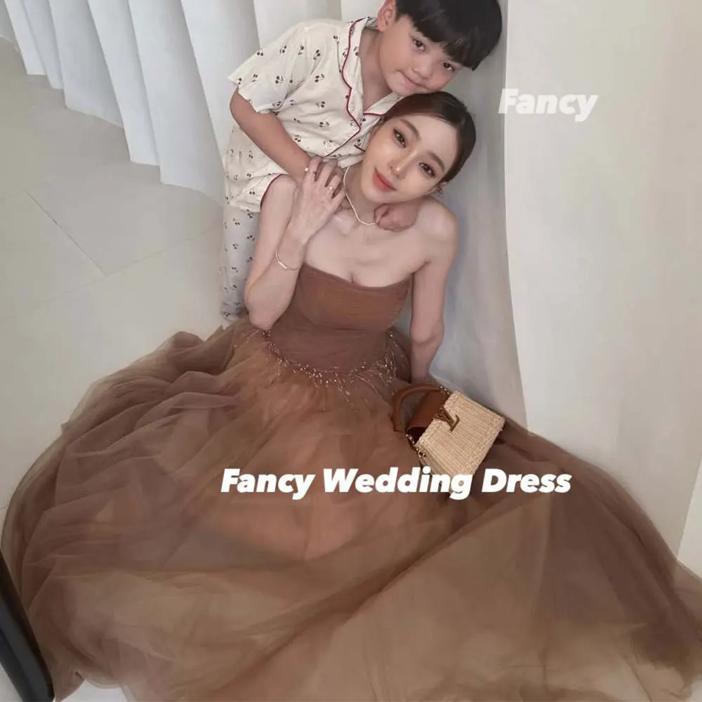 Fancy Korea Shiny Beading Evening Dress A Line Soft Tulle Wedding Dresses Back Corset Parent Child Evening Gown Customized