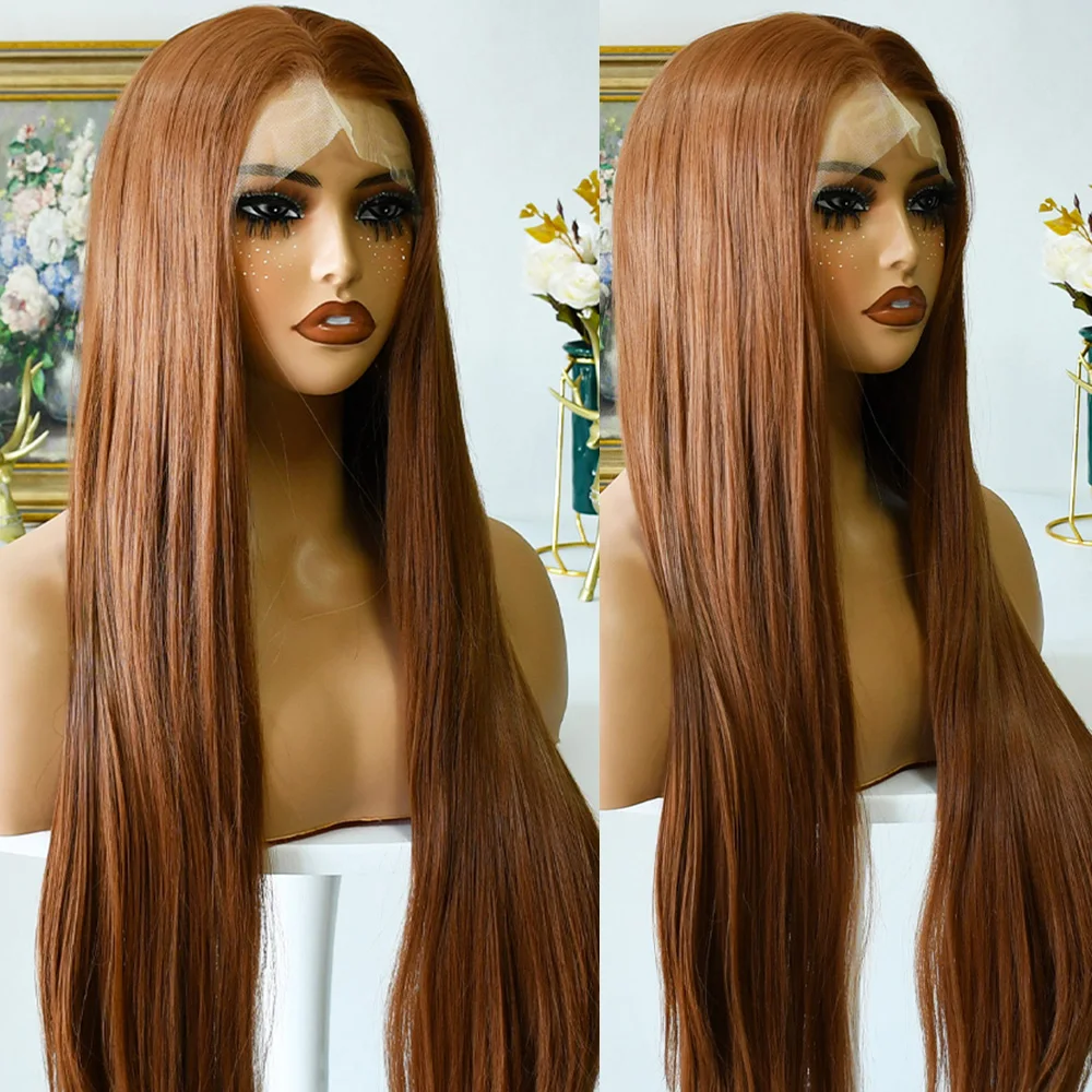 Светло-коричневый парик 13x4 Синтетический кружевной передний предварительно сорванный 30-дюймовый длинный прямой бесклеевой шоколадный светло-коричневый парик для чернокожих женщин