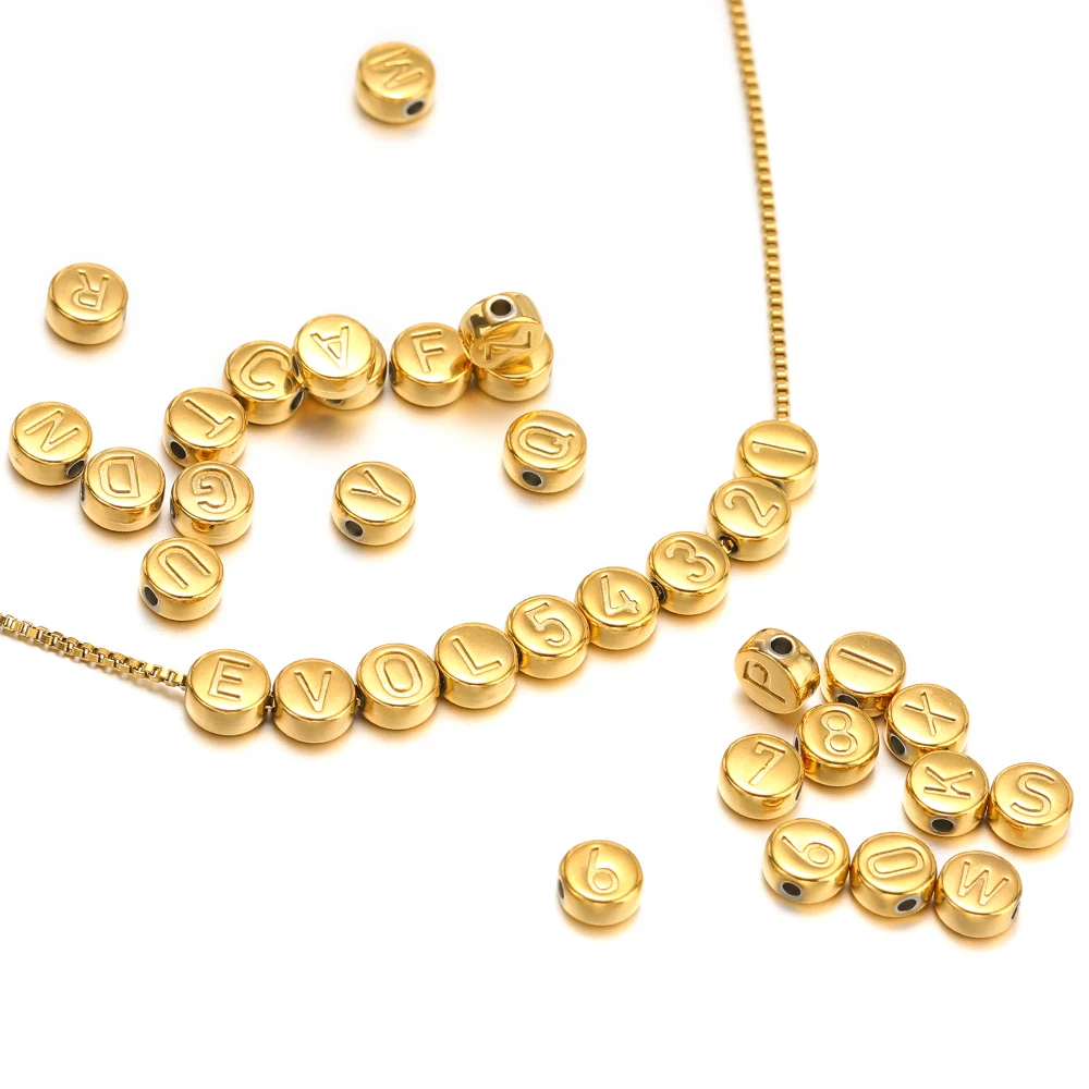 10pcs Stainless Steel 7mm Round Beads Gold Letters Figures Loose Spacer Beads for DIY Necklace Charms Jewelry Bracelet Making