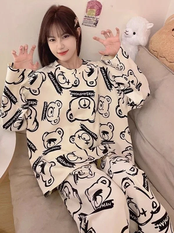 New 2023 Popular Cartoon Sleepwear Women's Long Sleeve Loose plus Size Casual Home Clothes Suitable for Outdoor Wear