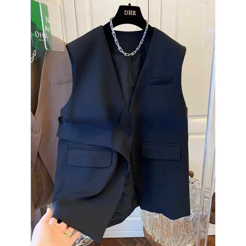 

Fashion Design Suit Vest Vintage V-neck Korean Female Casual Loose Waistcoat Solid Spring Chic Sleeveless Blazer Jacket I15