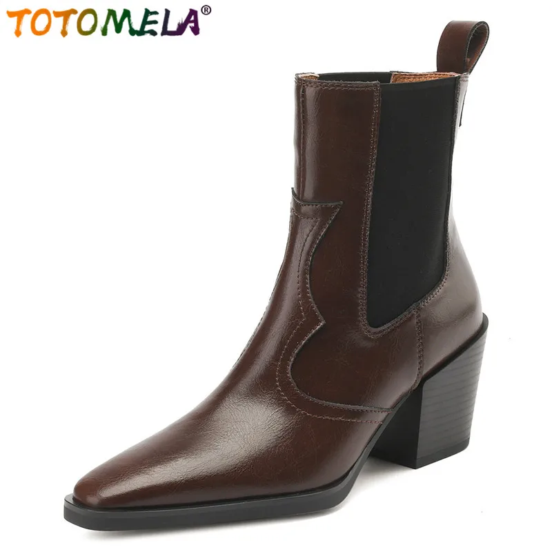 

TOTOMELA Size 34-42 Genuine Leather Boots Women Pointed Toe Chunky High Heels Pointed Toe Ankle Boots Ladies Chelase Boots