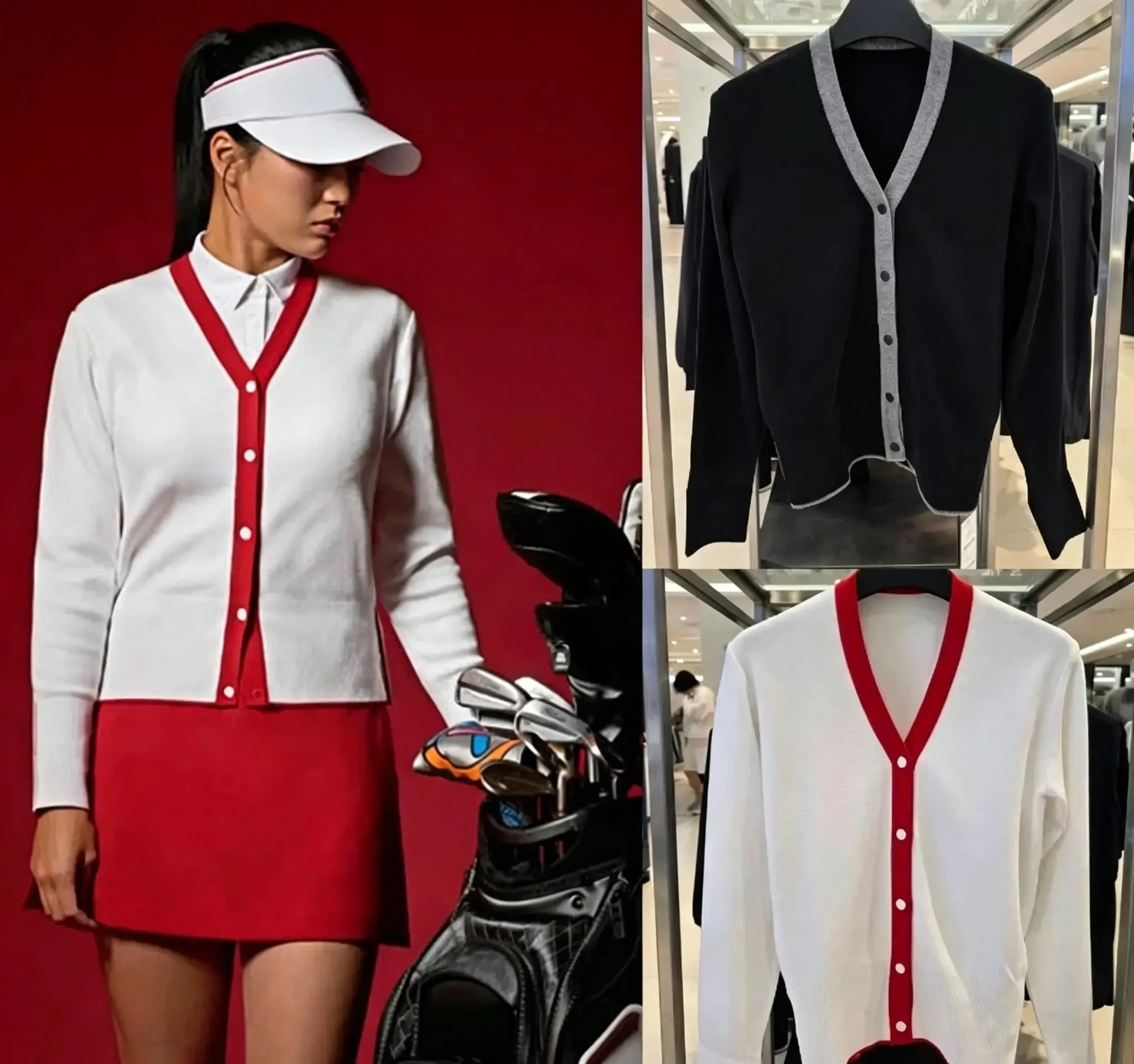 2026 Women Golf Color Block V-Neck Cardigan Autumn Winter New Slim Fit Casual Knit Sweater Ladies Golf Knit Top