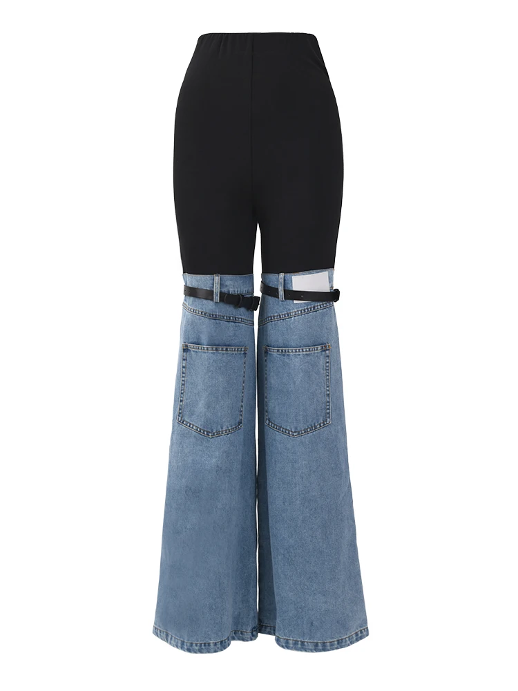 [EAM] pantalones vaqueros de pierna ancha largos de mezclilla de bloque de Color azul de cintura alta nuevos pantalones sueltos de mujer moda