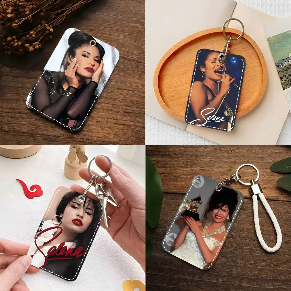 1pc S-Selena Quintanilla Singer Card Case Keychain Access Card Bag Key Tag Ring Leather Card Holder Key Ring Access