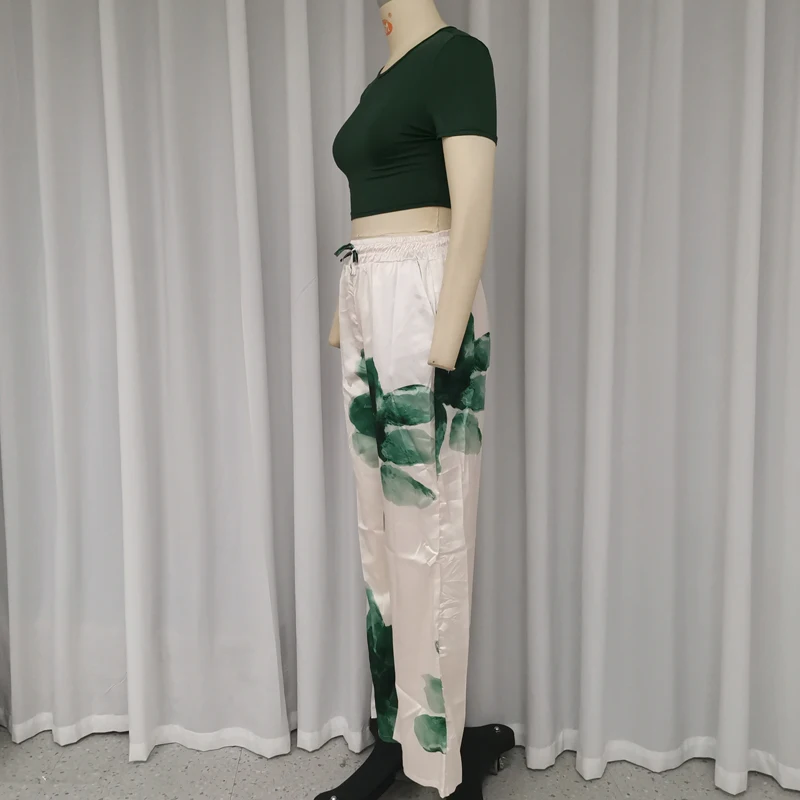 Wefads Women 2 Piece Set Summer Casual Short Sleeve Solid Round Neck High Waist Pullover Top Drawstring Loose Printed Pants Sets