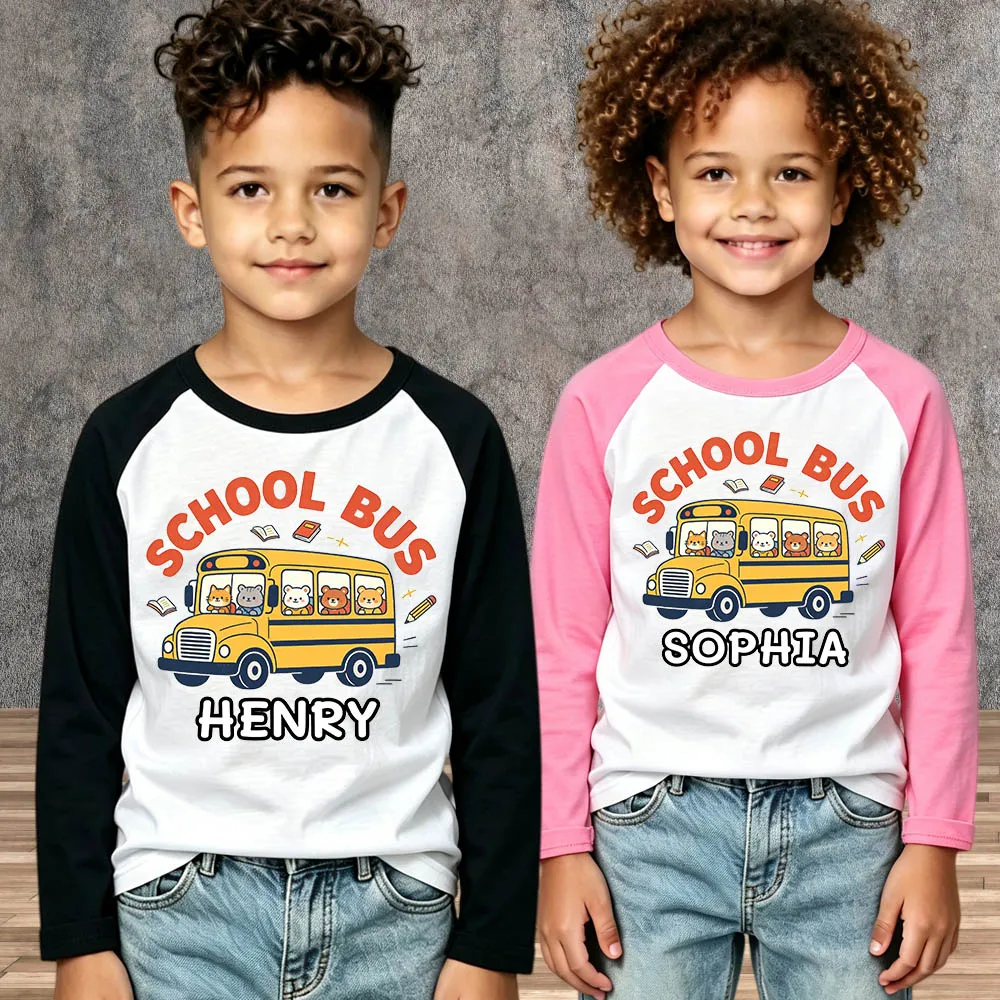 Kindergarten Toddler First Day of School Custom Name Kids Back To School T‑Shirt Long Sleeve School Bus Print Outfit Boys Girls
