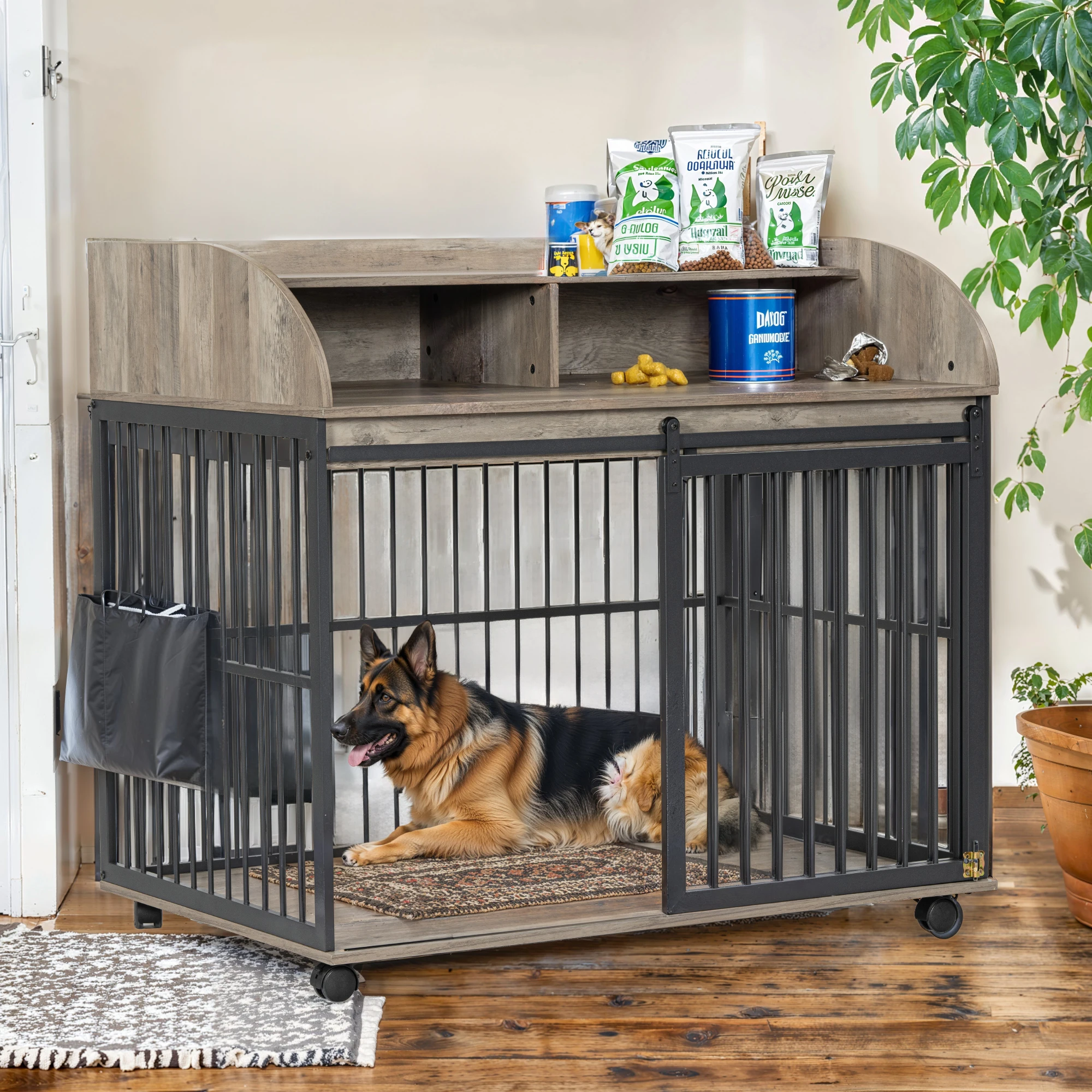 

44'' Heavy Duty Large Dog Crate Furniture for Large Medium Dog with Lockable Wheels, Wooden Crate Kennel, End Table