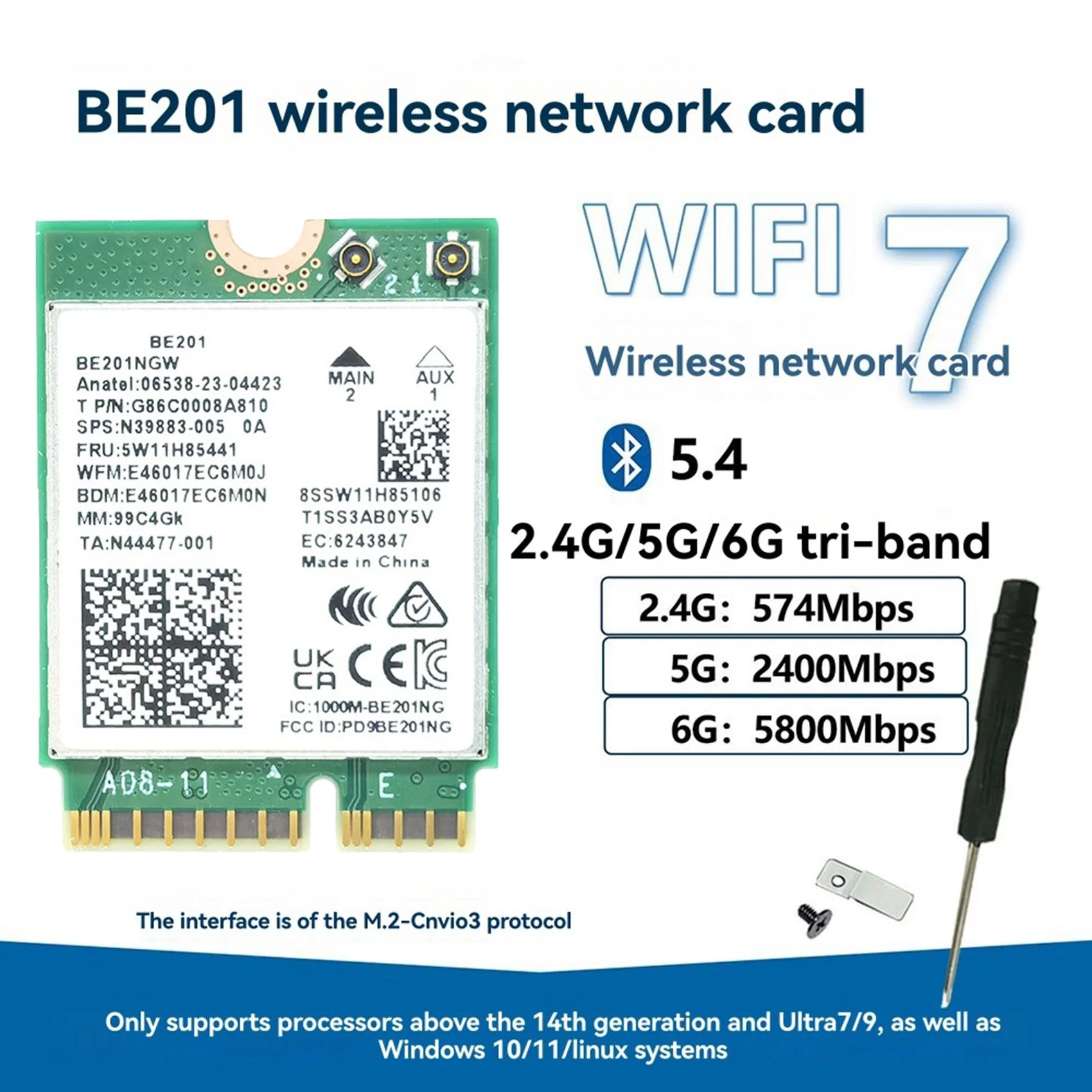 M13K-BE201 8774Mbps Tri-Band WIFI7 Card Wifi 7 Wireless M. 2 Module Bluetooth5.4 Cnvio3 AX211 For Win10/11 64-Bit