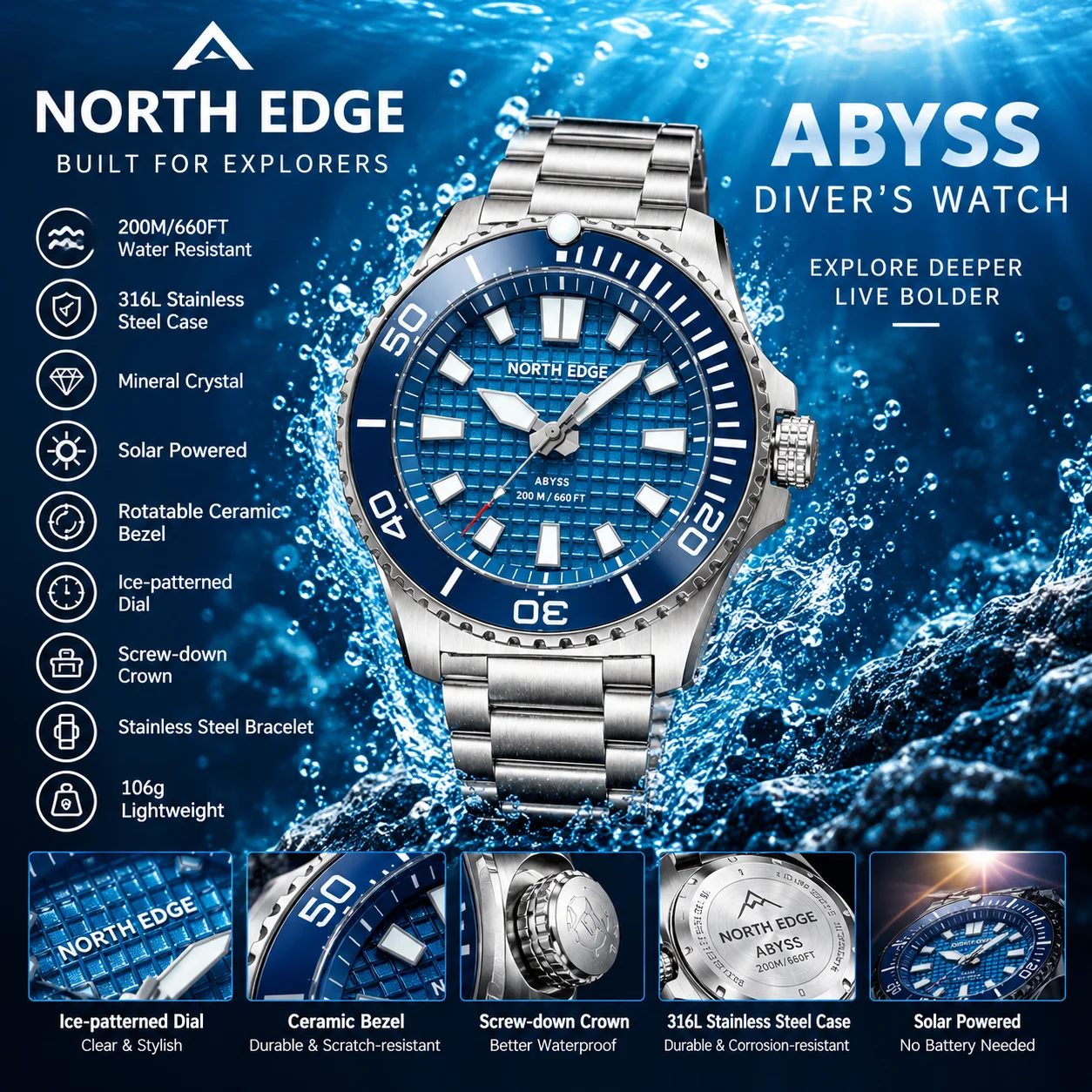 NORTH EDGE ABYSS Men Quartz Watch Solar Powered Luxury Watch 200M Waterproof Dive Sports Watches 316L Steel Case 180+ Day Power