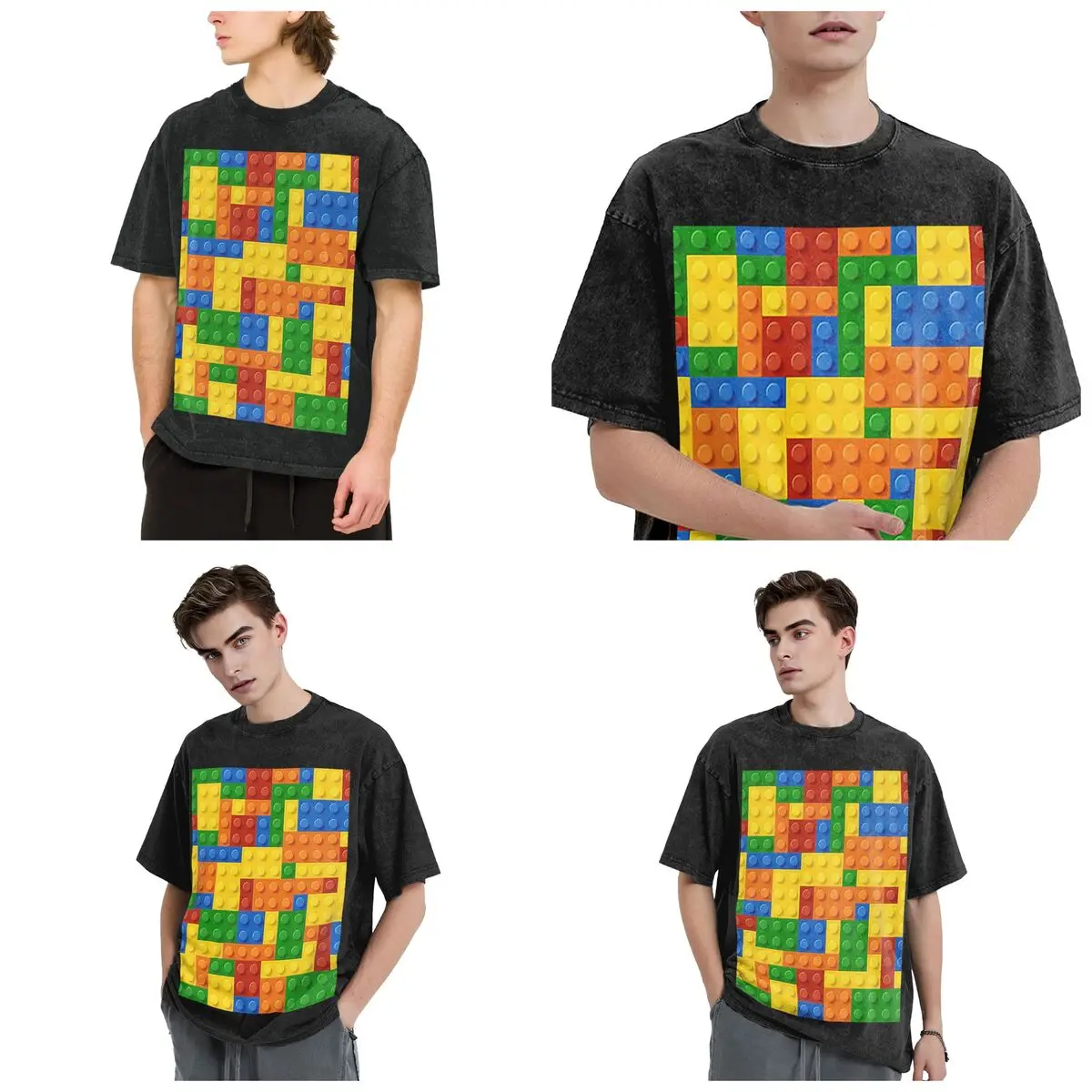 Building Blocks Construction Brick Hip Hop Short Sleeve T-Shirts Washed Tops Tees Streetwear T Shirt Oversized for Men Women