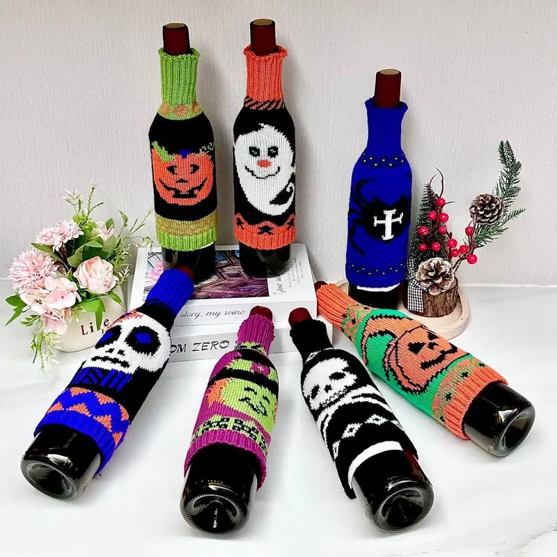 Halloween Skeleton & Pumpkin Knit Wine Bottle Covers, Champagne Bottle Decor, Table Ornaments, Wholesale Available