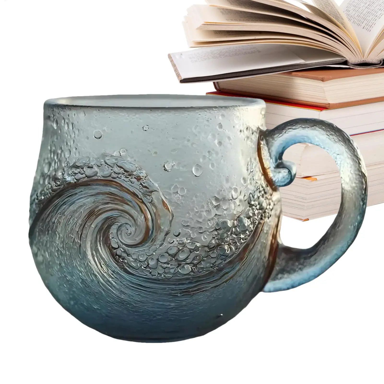 Glas-Kaffeetasse, Wasserflasche, Wellen-Design, 300 ml, Kaffeetasse mit Griff für Kinder, Strand, Haus, Büro, Damen, Herren, Erwachsene, Zuhause