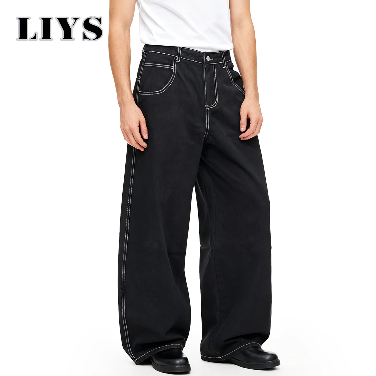 الخريف الرجال الرجعية الأسود فضفاض واسعة الساق الجينز الأمريكية الأساسية للجنسين فضفاض اليومية عارضة الدنيم السراويل النسائية الجينز الأسود مكدسة #3