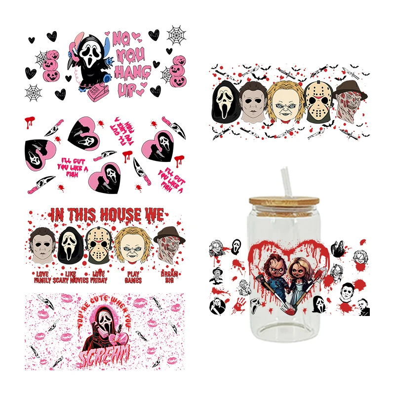 Scary Hallowen UV DTF Cup Wraps Transfers Sticker For 16oz Libbey Glass Can Horror Movie Tumbler Killer Friends Characters D3790